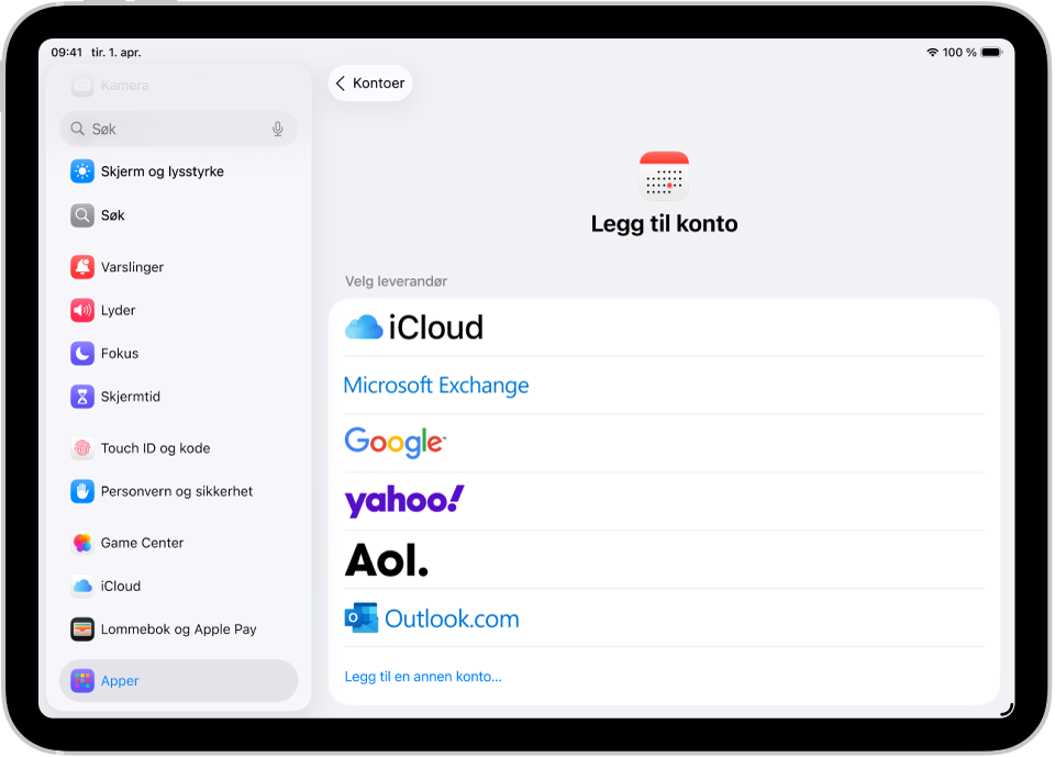 Innstillingene for å legge til en kalender som viser forskjellige kalenderleverandører.