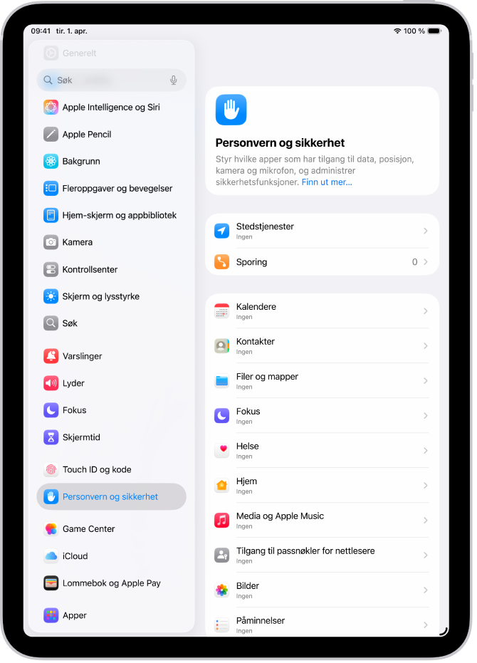 Stedstjenester-innstillingene i Personvern og sikkerhet, med valg for å dele posisjonen til iPad, inkludert tilpassede innstillinger for enkeltapper.