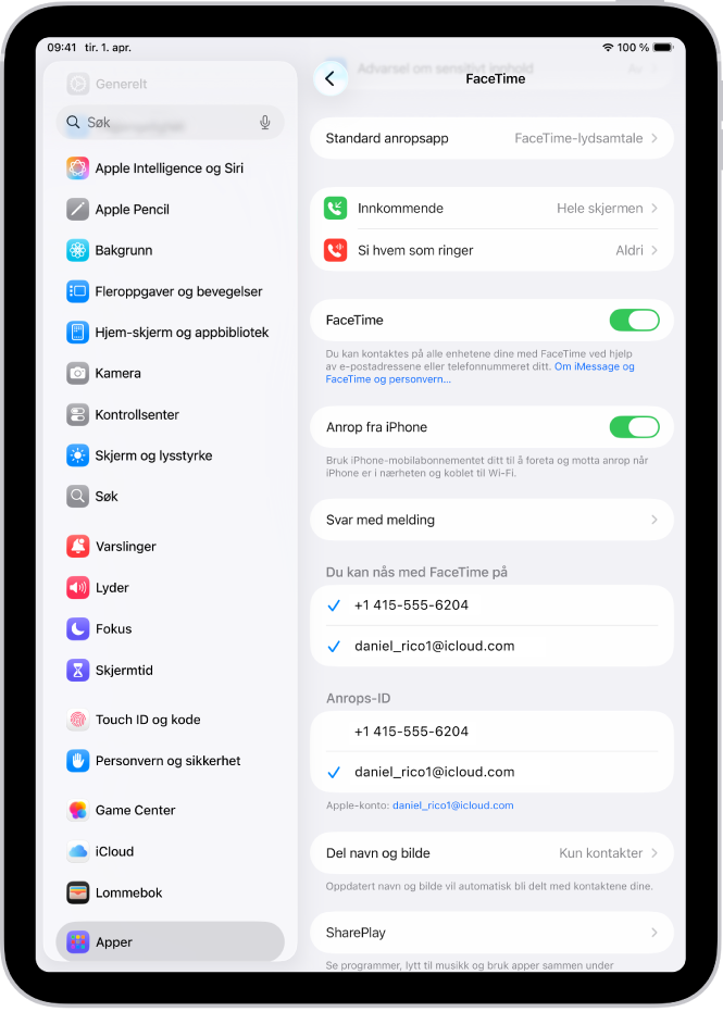 Innstillinger-skjermen for FaceTime, som viser valget for standard anropsapp, kontrollen for å slå FaceTime av og på og Apple-kontoen som brukes for FaceTime.