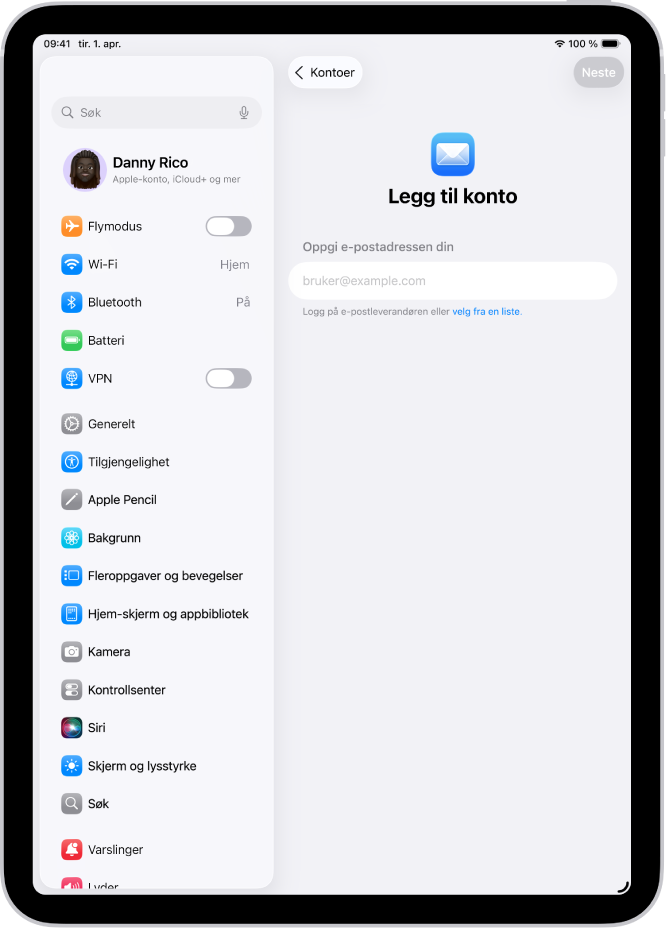 Legg til konto-skjermen, med et felt for å skrive inn e-postadressen din.