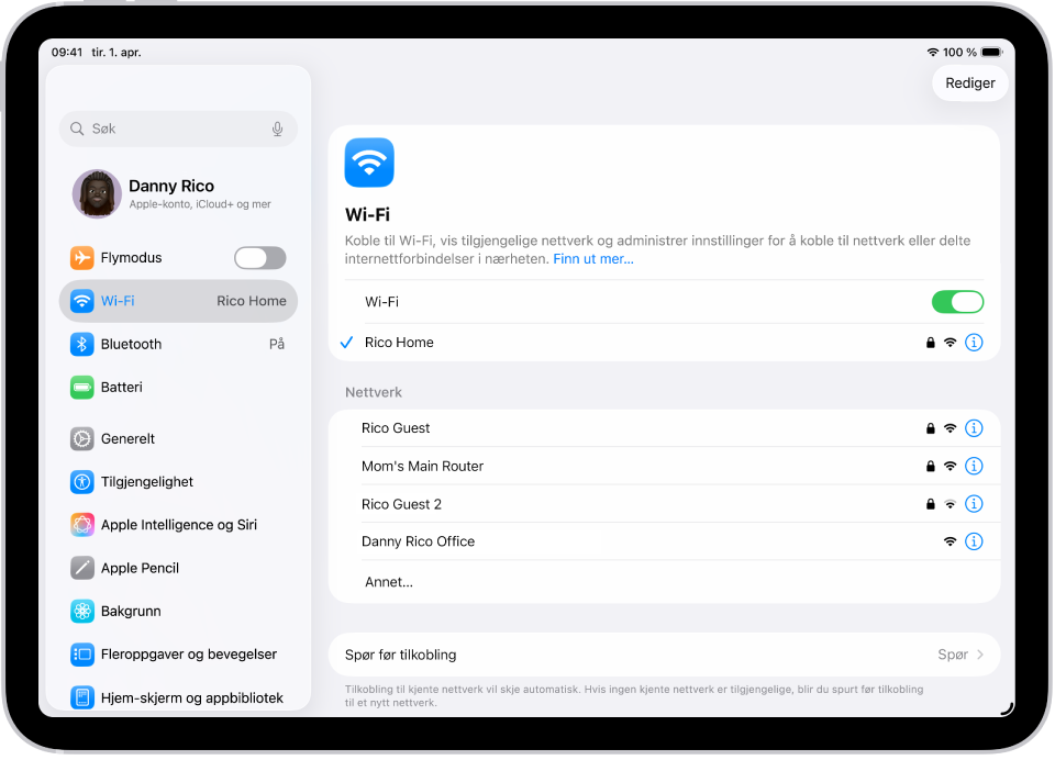 Innstillinger-skjermen viser tilgjengelige Wi-Fi-nettverk.
