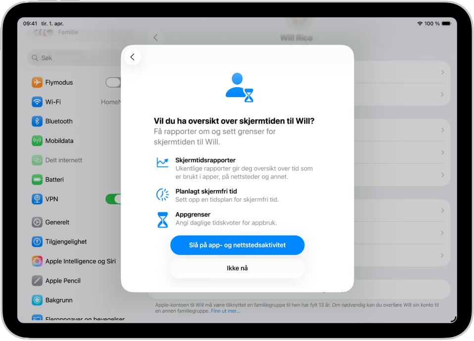 Innstillinger-skjermen med et hurtigvindu som viser Skjermtid-oppsett.