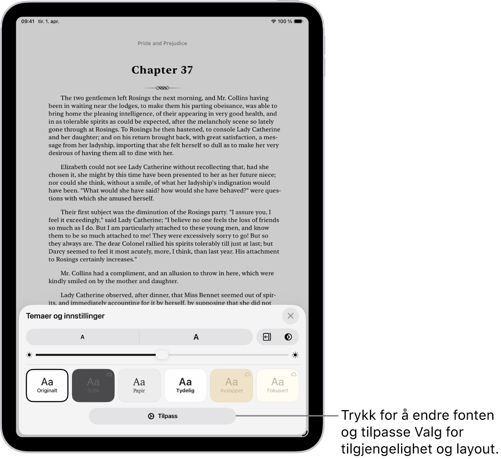En bokside i Bøker-appen. Temaer og innstillinger-valg viser kontroller for fontstørrelse, rullevisning, stil for å bla om, lysstyrke og fontstiler.