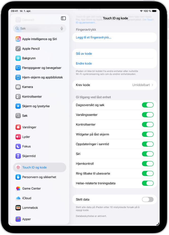 Face ID og kode-innstillingene vises med valg for å gi tilgang til bestemte funksjoner når iPad er låst.