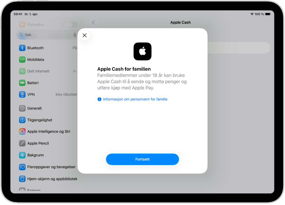 Innstillinger-skjermen viser en dialogrute for konfigurering av Apple Cash for familien midt på skjermen.