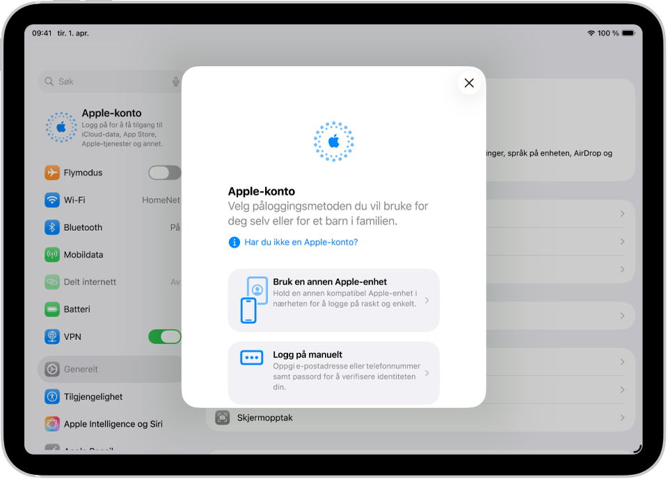 Innstillinger-skjermen med påloggingsruten for Apple-konto midt på skjermen.