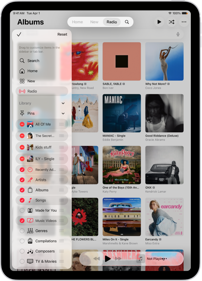 iPad ପୋର୍ଟ୍ରେଟ୍ ଓରିଏଣ୍ଟେଶନ୍‌ରେ ବାମ ପାର୍ଶ୍ୱରେ ଥିବା ସାଇଡ୍‌ବାର୍ ଏବଂ ସ୍କ୍ରୀନ୍‌ରେ ଥିବା ଟାବ୍ ବାର୍‌କୁ ଏଡିଟ୍‌ କରିବା ପାଇଁ ବିକଳ୍ପ ଦେଖାଉଛି।