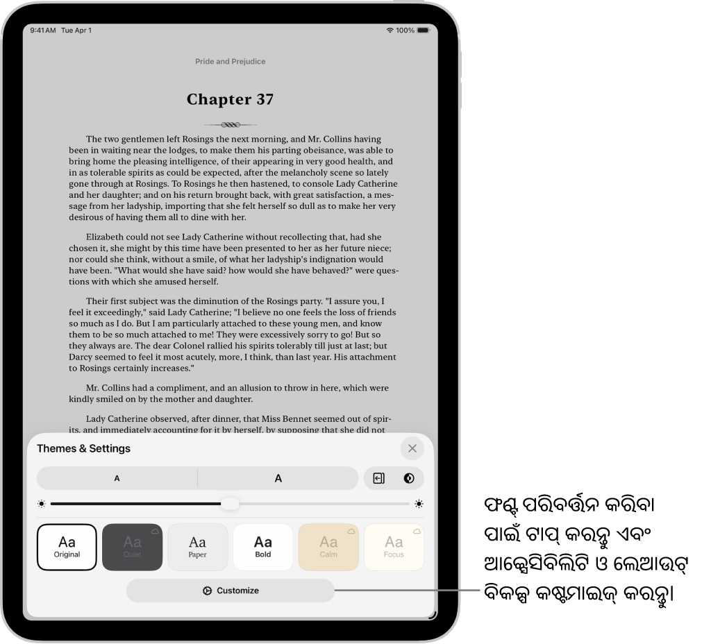 “ବହି” ଆପ୍‌ରେ ଏକ ବହିର ପୃଷ୍ଠା। ଥିମ୍ ଓ ସେଟିଂସ୍‌ ବିକଳ୍ପ ଫଣ୍ଟ୍ ସାଇଜ୍, ସ୍କ୍ରୋଲିଂ ଦୃଶ୍ଯ, ପୃଷ୍ଠା ଓଲଟାଇବା ଷ୍ଟାଇଲ୍, ଉଜ୍ଜ୍ୱଳତା ଏବଂ ଫଣ୍ଟ୍ ଷ୍ଟାଇଲ୍ ପାଇଁ କଣ୍ଟ୍ରୋଲ୍ ଦେଖାଏ।