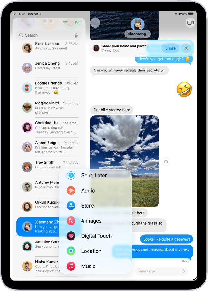 iPad ରେ ଥିବା ମେସେଜ୍ରେ “ମେନ୍ଯୂ ଯୋଡ଼ନ୍ତୁ“, ଅନେକ iMessage ଫୀଚର୍ ଲିଷ୍ଟ୍ କରୁଛି: “ଶେଡ୍ୟୂଲ୍ ହୋଇଛି” ପଠାଯାଇଛି, ଅଡିଓ ମେସେଜିଂ, App Store, GIF ମେସେଜ୍, Digital Touch, ଲୋକେଶନ୍ ଶେୟରିଂ ଏବଂ ମ୍ଯୂଜିକ୍।