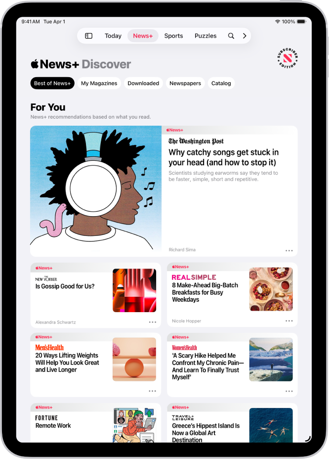 Apple News+ ରେ ଥିବା ଡିସ୍କଭର୍ ପୃଷ୍ଠା। ଟାବ୍ ବାର୍‌ରେ News+ ଚୟନ କରାଯାଇଛି ଏବଂ ତା’ ତଳେ News+ ର ଶ୍ରେଷ୍ଠ ବର୍ଗ ଚୟନ କରାଯାଇଛି।