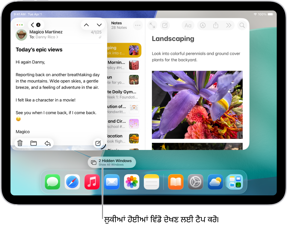 iPad ਸਕਰੀਨ ਜਿਸ ’ਤੇ ਦੋ ਐਪਾਂ ਖੁੱਲ੍ਹੀਆਂ ਹਨ ਅਤੇ ਗੋਲੀ ਵਰਗਾ “ਸਾਰੀਆਂ ਵਿੰਡੋਆਂ ਦਿਖਾਓ” ਬਟਨ, ਜਿਸ ’ਤੇ ਟੈਪ ਕਰਨ ’ਤੇ, ਟਾਰਗੇਟ ਐਪ ਵਿੱਚ ਸਾਰੀਆਂ ਖੁੱਲ੍ਹੀਆਂ ਵਿੰਡੋ ਦਿਖਾਈਆਂ ਜਾਂਦੀਆਂ ਹਨ।