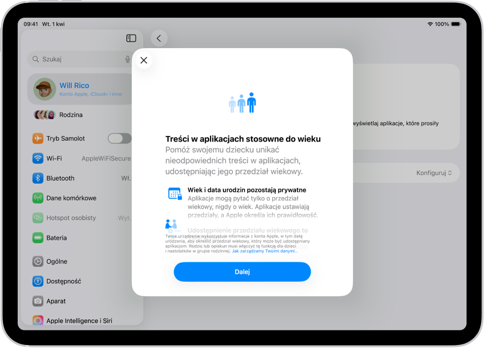 Ekran Ustawień na iPadzie. Widoczna jest konfiguracja przedziału wiekowego dla aplikacji oraz wyjaśnienie, jak udostępnianie przedziału wiekowego dzieci pomaga uzyskiwać odpowiednie dla ich wieku treści w aplikacjach.