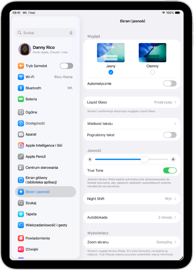 Ekran o nazwie Ekran i jasność w Ustawieniach.