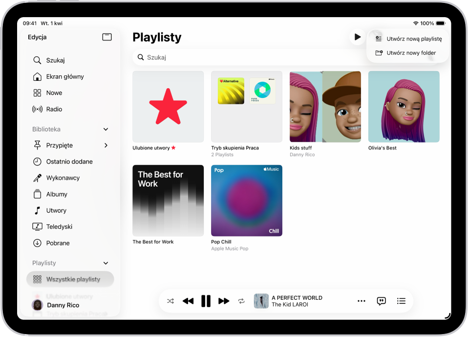 Karta Playlisty. Po lewej stronie widoczny jest pasek boczny. Po prawej stronie widoczna jest lista playlist. U góry widoczne są przyciski pozwalające utworzyć nową playlistę oraz utworzyć nowy folder.