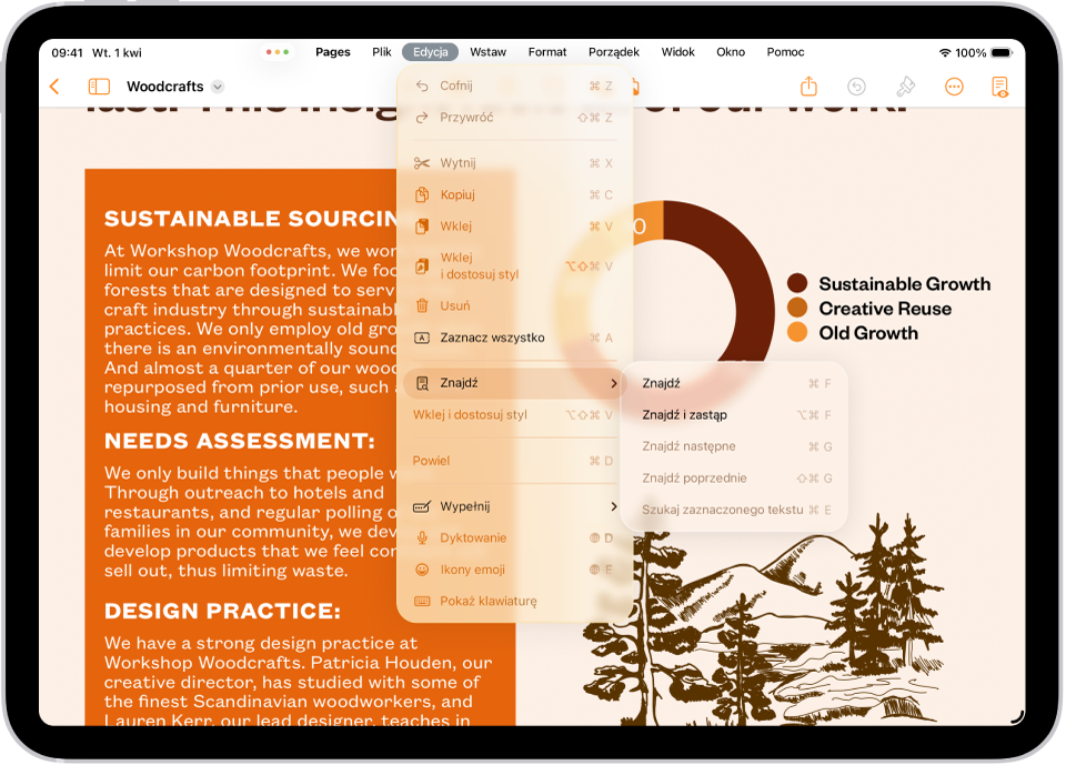 Otwarta aplikacja Pages. U góry ekranu widoczny jest pasek menu. Menu Edycja na pasku menu jest rozwinięte i wyświetla listę czynności, które można wykonać, takich jak Zaznacz wszystko, Znajdź czy Powiel.