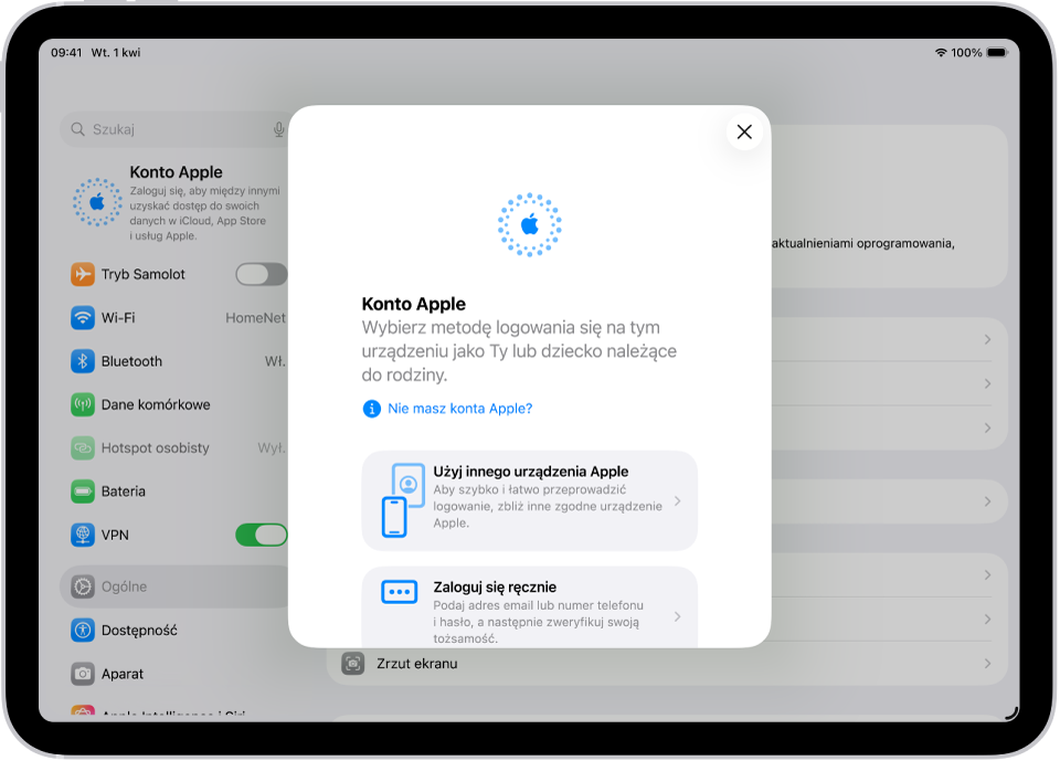 Ekran aplikacji Ustawienia; na środku wyświetlane jest okno dialogowe logowania na koncie Apple.