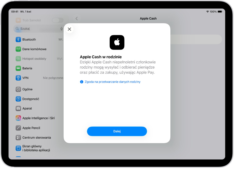 Ekran aplikacji Ustawienia; na środku wyświetlane jest okno dialogowe konfiguracji funkcji Apple Cash w rodzinie.