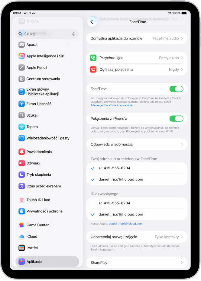 Ekran ustawień FaceTime, zawierający narzędzie umożliwiające włączenie lub wyłączenie funkcji FaceTime oraz numer telefonu i adres email, przy użyciu których można się z Tobą skontaktować.
