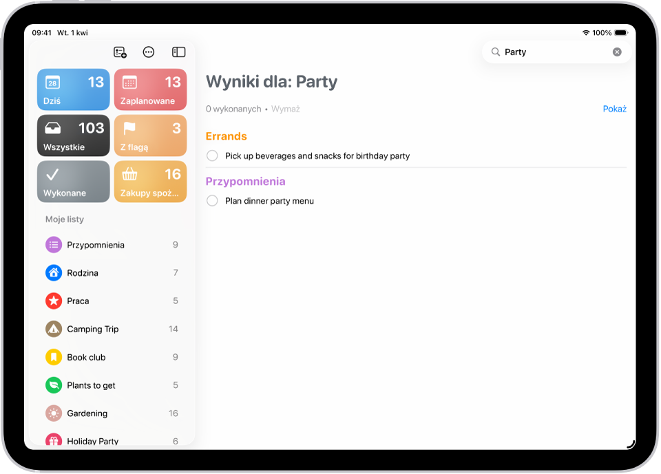 Wyniki wyszukiwania w aplikacji Przypomnienia, wyświetlające zadania zawierające określone wprowadzone słowo.
