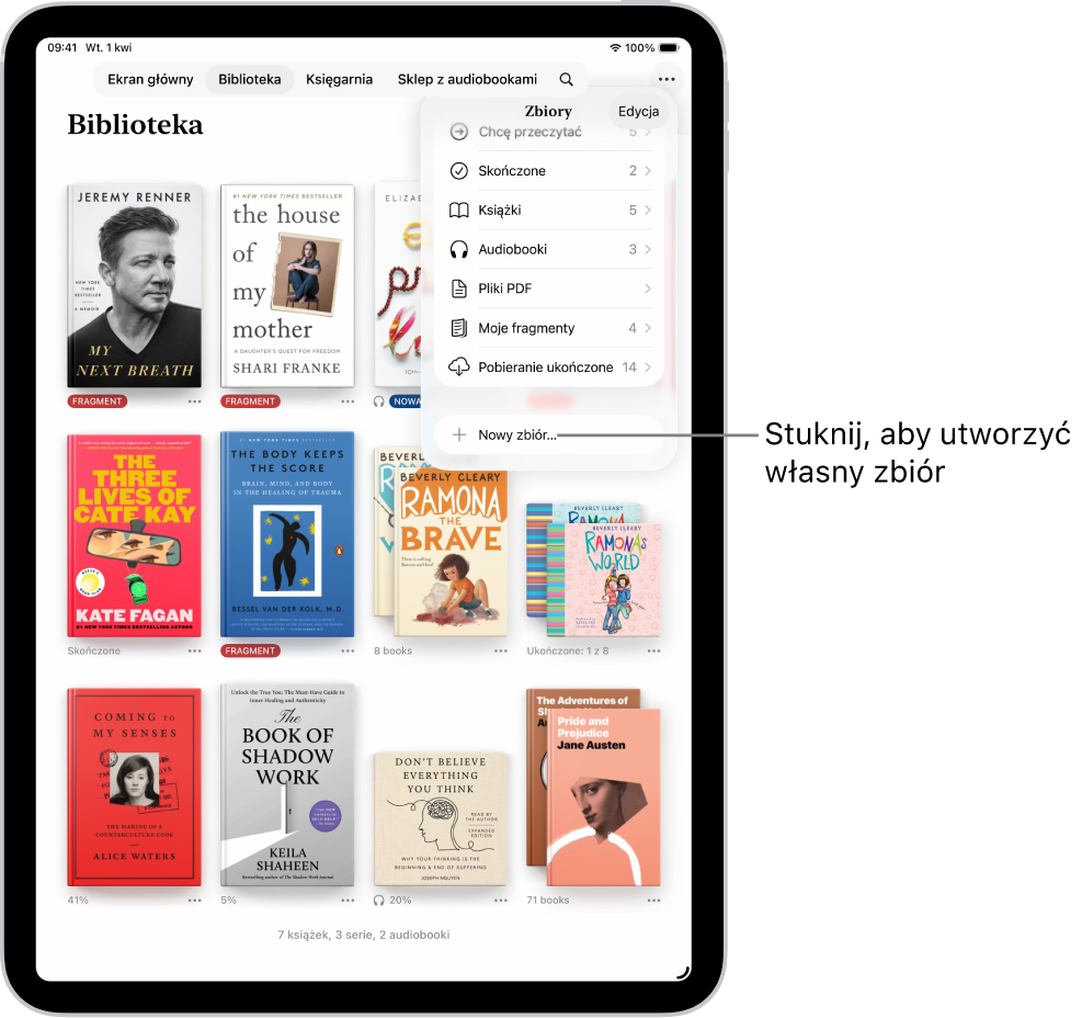 Ekran Biblioteka w aplikacji Książki. U góry ekranu widoczne jest otwarte menu Zbiory, zawierające takie pozycje, jak Audiobooki oraz Pliki PDF.