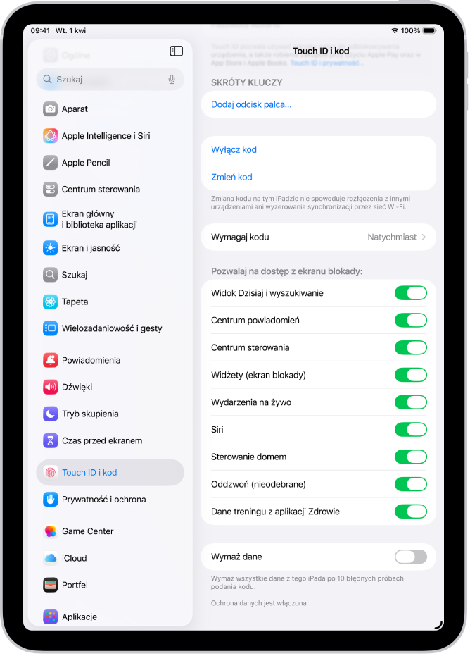Ekran ustawień Face ID i kodu, zawierający opcje pozwalania na dostęp do określonych funkcji, gdy iPad jest zablokowany.