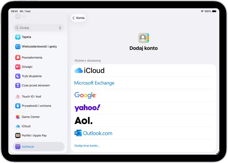 Ekran Dodaj konto z różnymi usługami kontaktów.