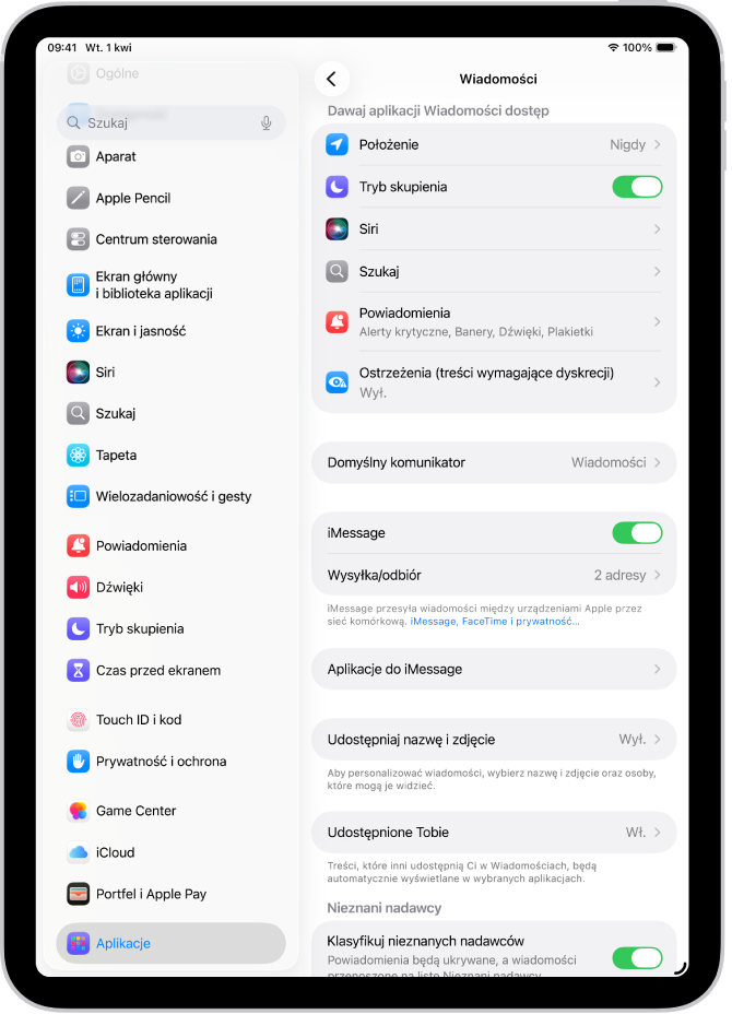 Panel ustawień Wiadomości z włączoną funkcją iMessage.