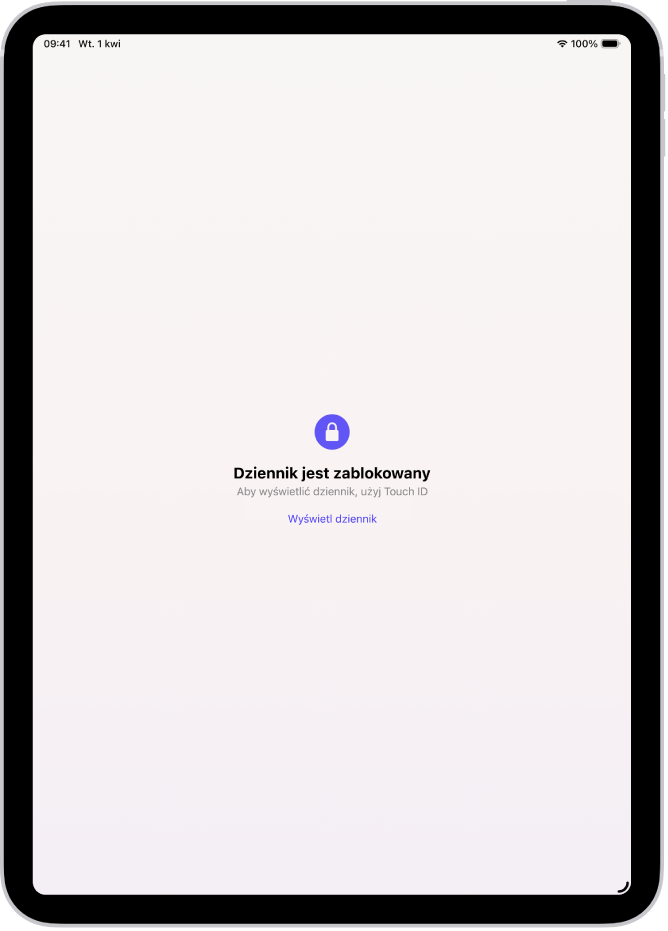 Ekran w aplikacji Dziennik z informacją, aby użyć Touch ID w celu odblokowania dziennika.