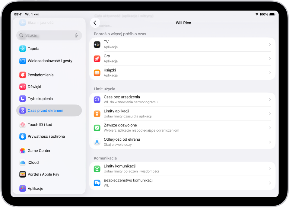 Ekran dziecka w grupie rodzinnej. Widoczna jest sekcja Poproś o więcej czasu.