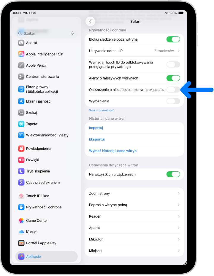 Opcja Ostrzeżenie o niezabezpieczonym połączeniu, znajdująca się w sekcji Prywatność i ochrona na ekranie Safari w Ustawieniach.