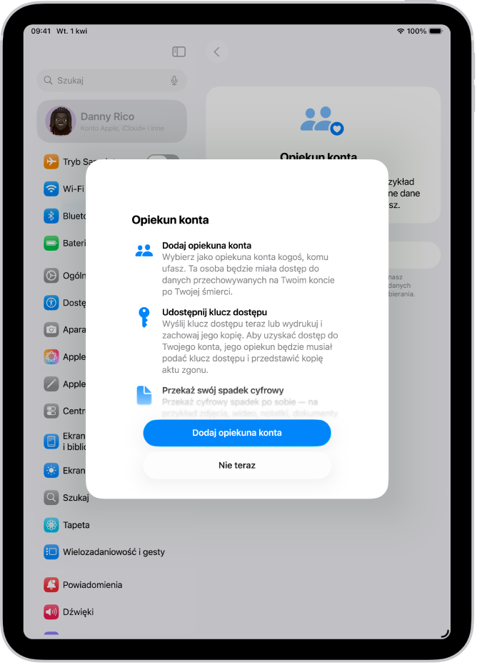 Ekran opiekuna konta z informacjami dotyczącymi tej funkcji. Na dole ekranu widoczny jest przycisk Dodaj opiekuna konta.