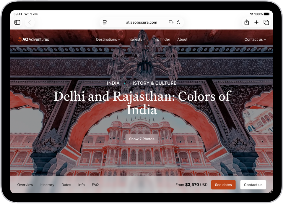 Otwarta strona internetowa. Wzdłuż górnej krawędzi ekranu, od lewej, widoczne są: przycisk paska bocznego, przycisk przechodzenia wstecz, pole wyszukiwania, przycisk udostępniania, przycisk nowej karty oraz przycisk przeglądu kart.