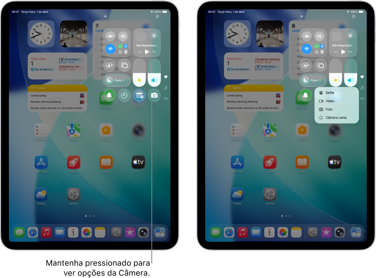 A Central de Controle do iPad. Os controles para Modo Avião, dados celulares, Wi‑Fi e Bluetooth no grupo superior esquerdo da Central de Controle em modelos de iPad com Wi-Fi + Cellular. O controle da Câmera encontra-se na parte inferior direita da Central de Controle. A tela à direita mostra o menu de opções rápidas que aparece ao manter o Controle da Câmera pressionado.