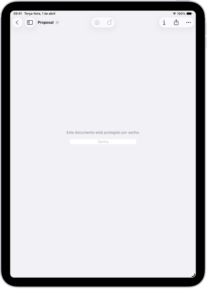 Um formulário em PDF bloqueado no app Pré-Visualização mostrando um campo de senha. Na parte inferior da tela estão os botões Marcação, Informações e Compartilhar.