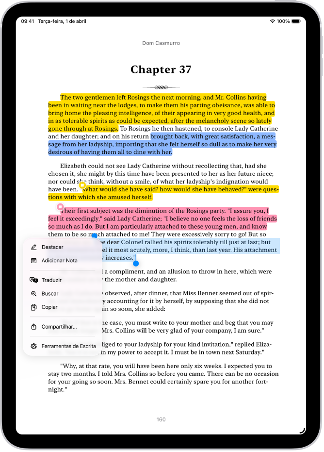 Página de um livro no app Livros, com uma parte do texto da página selecionado. Os botões Destacar, Adicionar Nota, Traduzir, Buscar, Copiar e Compartilhar estão acima do texto selecionado.