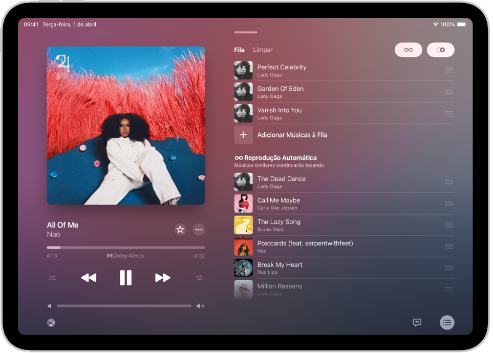 Tela Reproduzindo mostrando a fila A Seguir com a Reprodução Automática e o AutoMix ativados. Músicas similares aparecem abaixo das músicas no álbum.