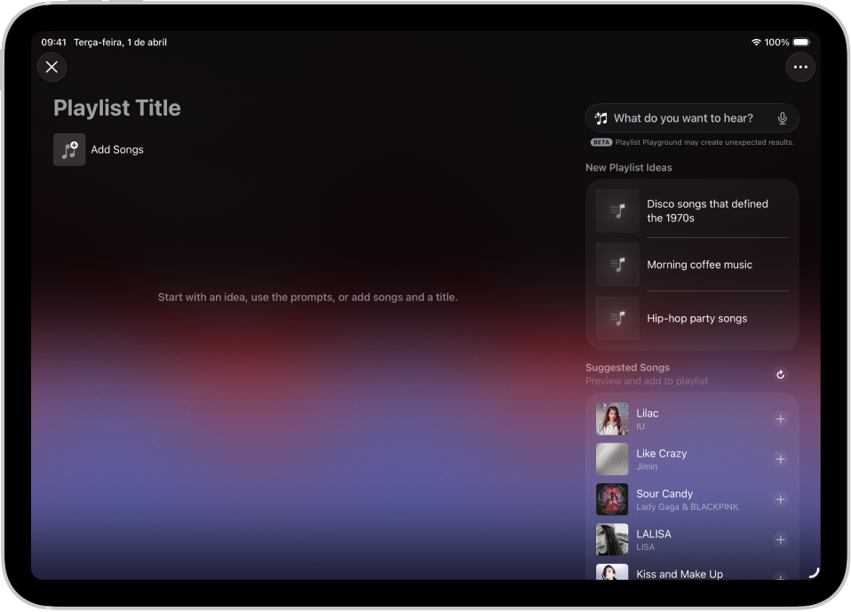 Playground de Playlists aberto no Apple Music, mostrando o campo de título, o botão Adicionar Músicas e um campo de busca com sugestões de playlists abaixo dele.