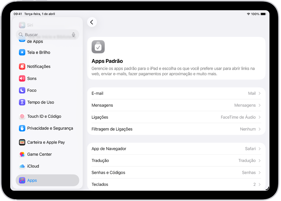 Tela para alterar os apps padrão de envio de e‑mail, navegação na internet e outros.