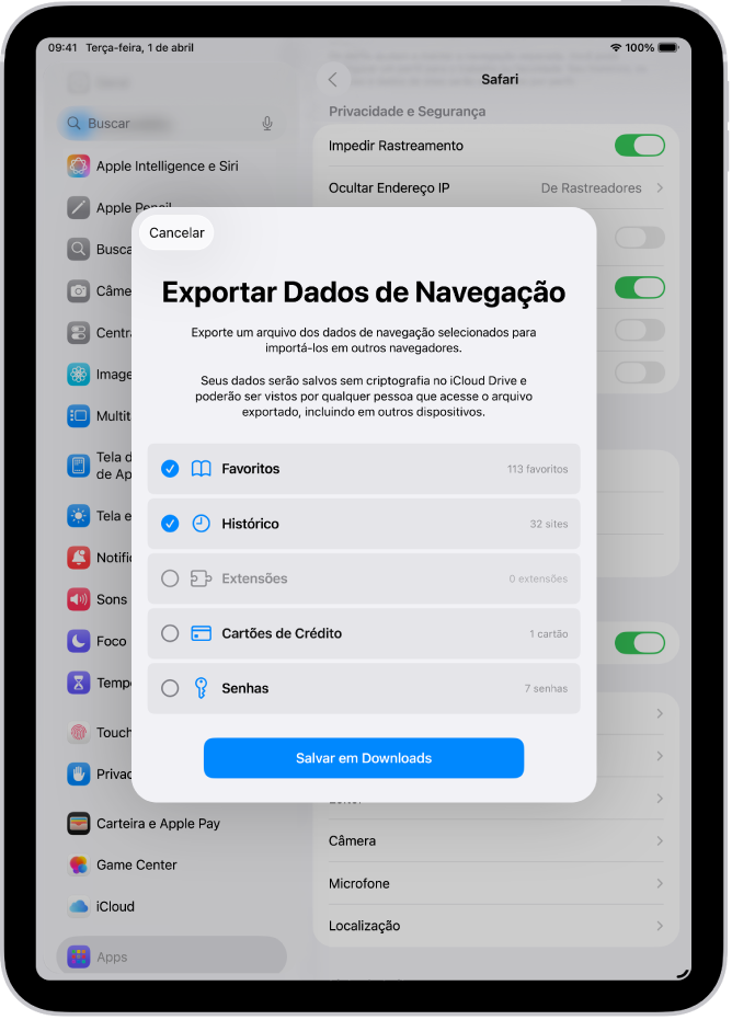 Tela Exportar Dados de Navegação, mostrando os dados que você pode exportar do Safari para outro navegador.