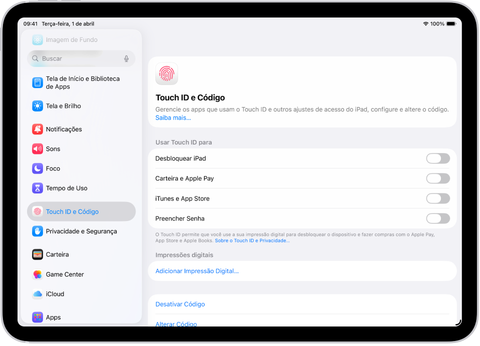 Uma tela mostrando os ajustes de Touch ID e Código, com opções para adicionar uma impressão digital e ativar o código.