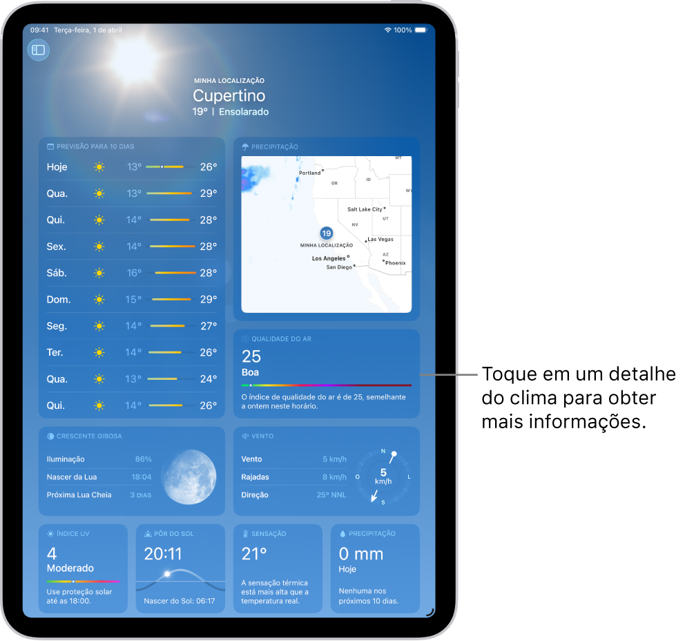 Tela do app Tempo mostrando a localização na parte superior e, abaixo, a temperatura e a condição do tempo atuais. O restante da tela contém detalhes do clima, incluindo índice UV, vento e precipitação.