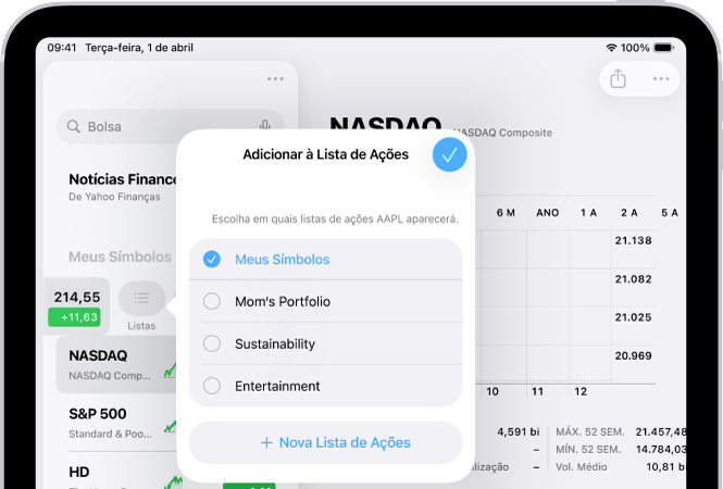 Várias listas de ações no app Bolsa: Meus Símbolos, Portfólio da Mamãe, Sustentabilidade e Entretenimento.