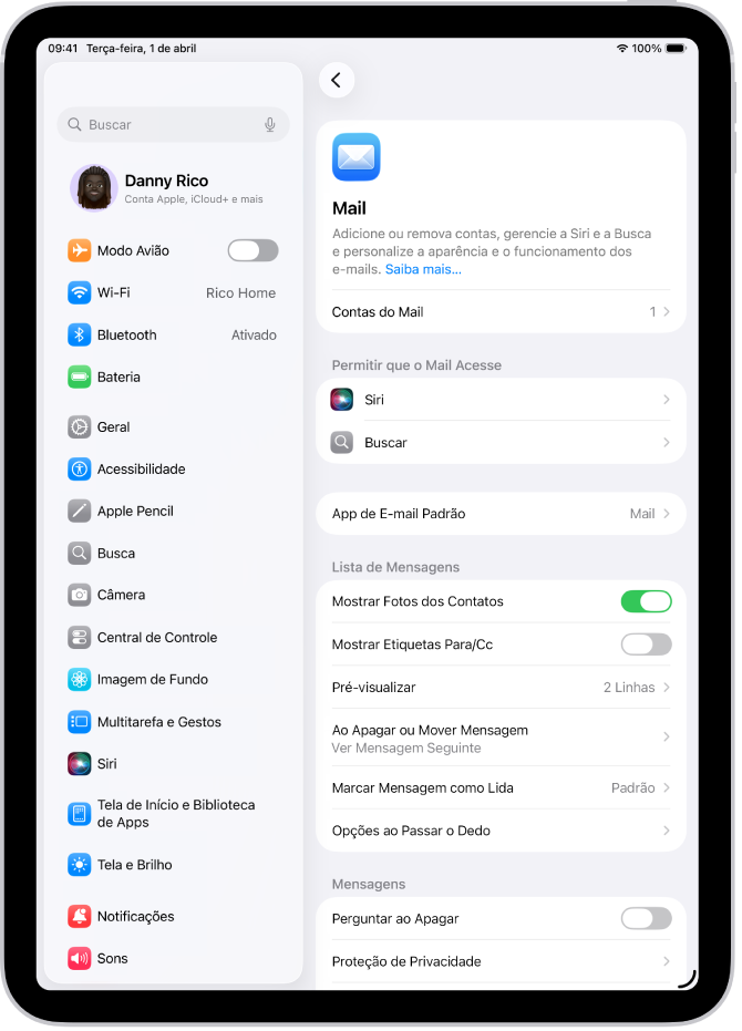 Tela de ajustes do Mail.