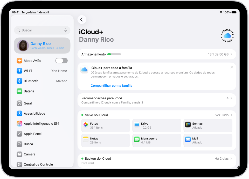 Tela dos ajustes do iCloud mostrando o medidor de armazenamento do iCloud e uma lista de apps e recursos, incluindo Fotos, iCloud Drive e Mail do iCloud, que podem ser usados com o iCloud.