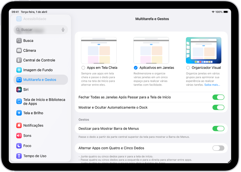 Janela do iPad mostrando os ajustes de Multitarefa e Gestos.