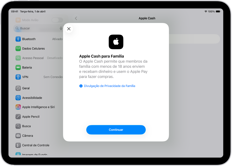A tela dos Ajustes com o diálogo de configuração do Apple Cash para Família no centro da tela.