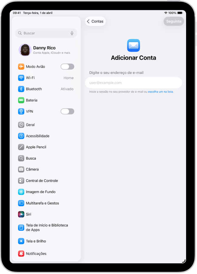 Tela Adicionar Conta mostrando um campo para inserir o endereço de e-mail.