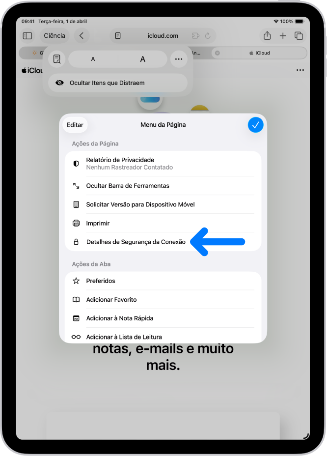 O Menu da Página está aberto no Safari e o controle Detalhes de Segurança da Conexão está no meio da página.