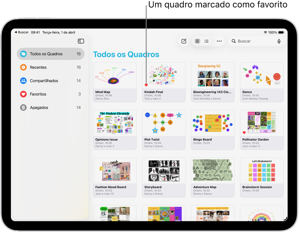O Freeform é aberto no iPad. A opção Todos os Quadros está selecionada na barra lateral e as miniaturas de quadros aparecem à direita.