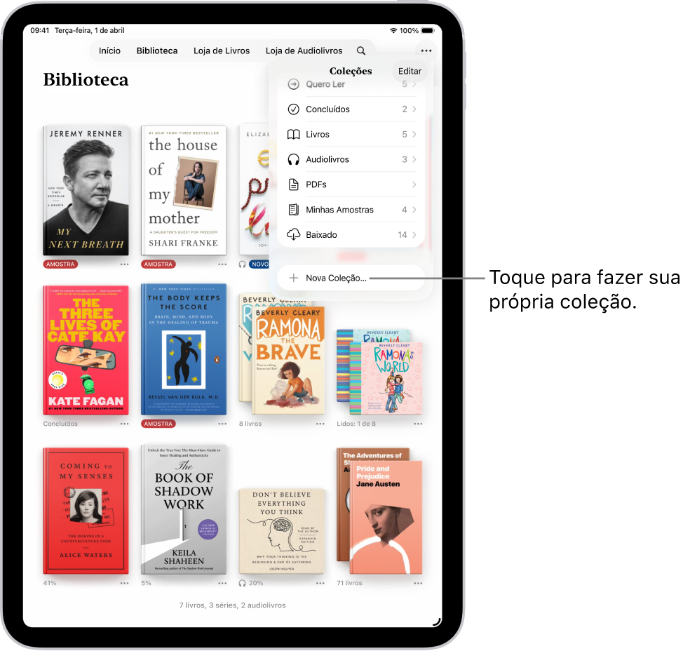 Tela Biblioteca no app Livros. Na parte superior da tela, o menu Coleções está aberto e mostra opções como Audiolivros e PDFs.